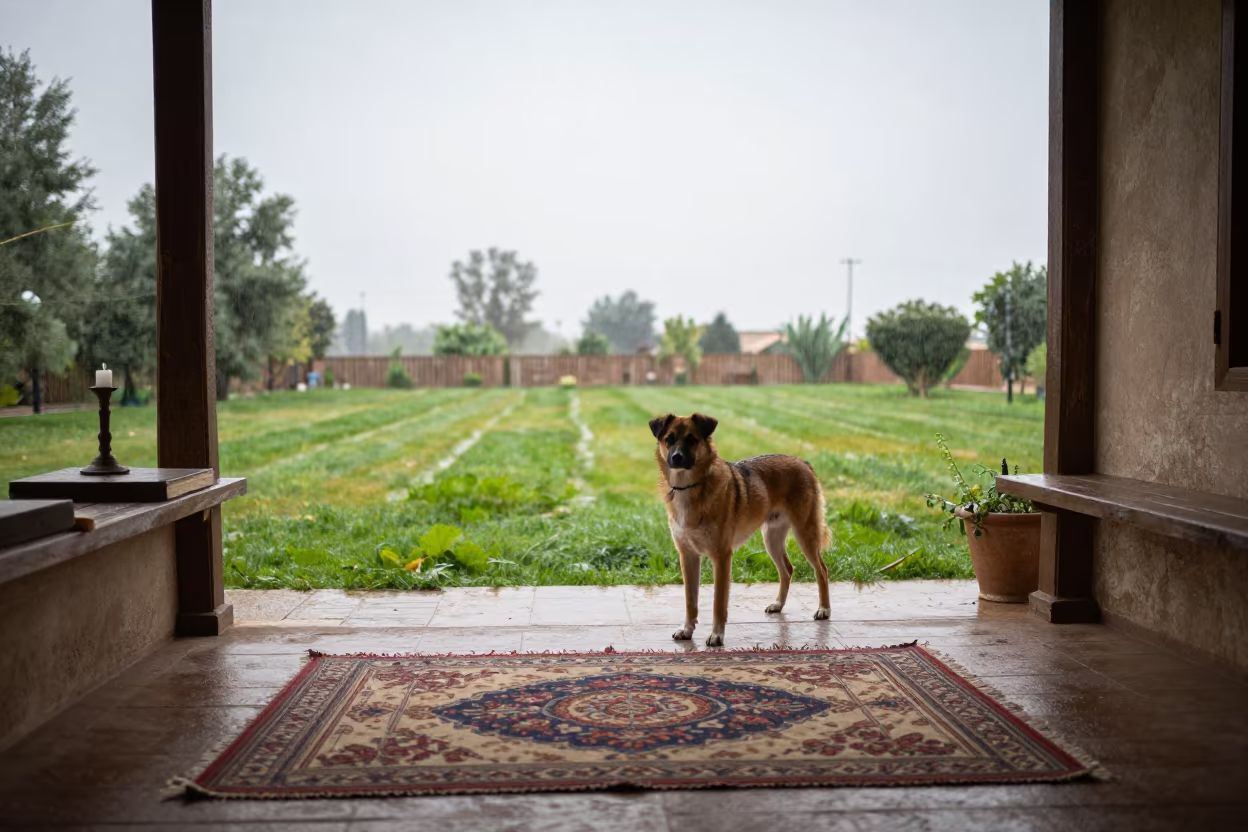 Danish-Swedish Farmdog on Kulob Porch in Rain in in a small yard with clipped grass, calm light, and the animal centered in frame in Kulob