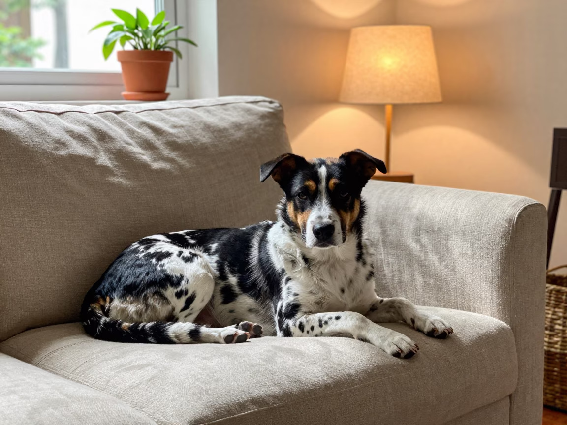Danish-Swedish Farmdog on Linen Sofa in São Paulo in on a linen sofa with daylight from a nearby window in São Paulo