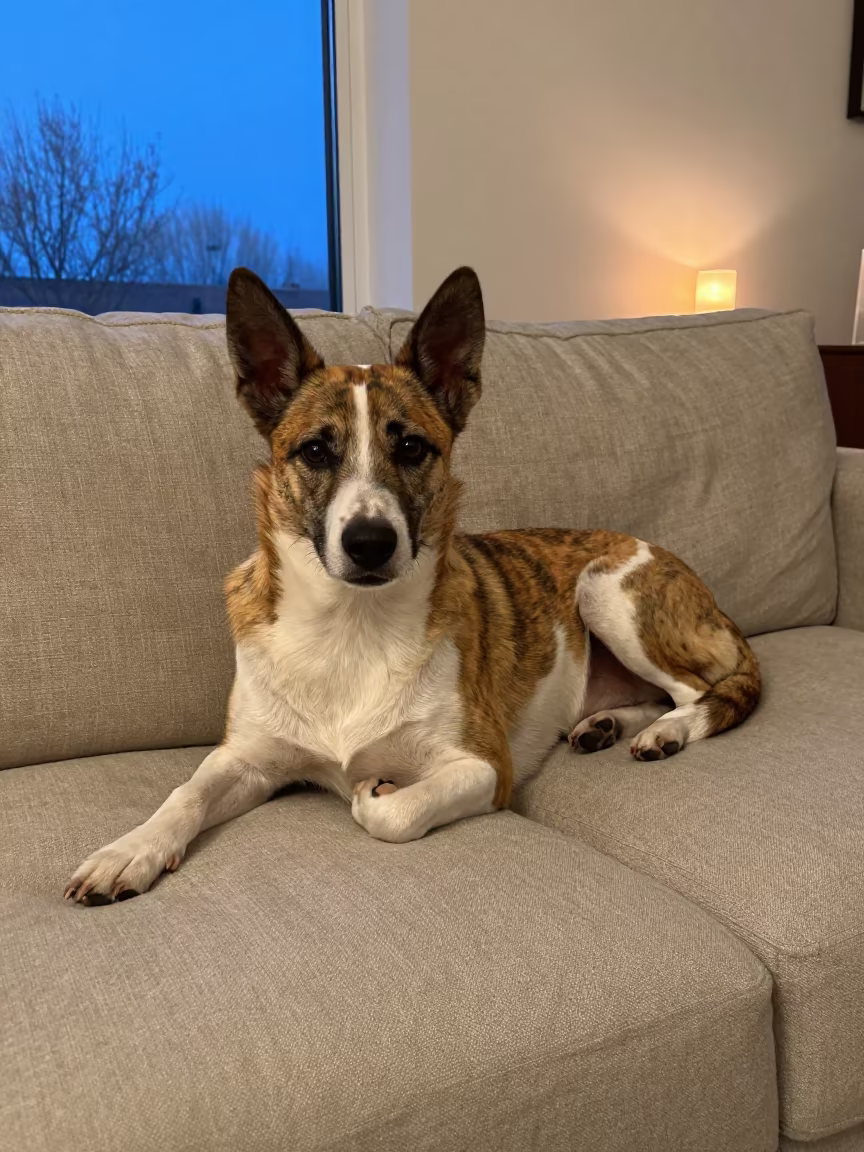 Danish-Swedish Farmdog on Linen Sofa in on a linen sofa with daylight from a nearby window near Lanzhou