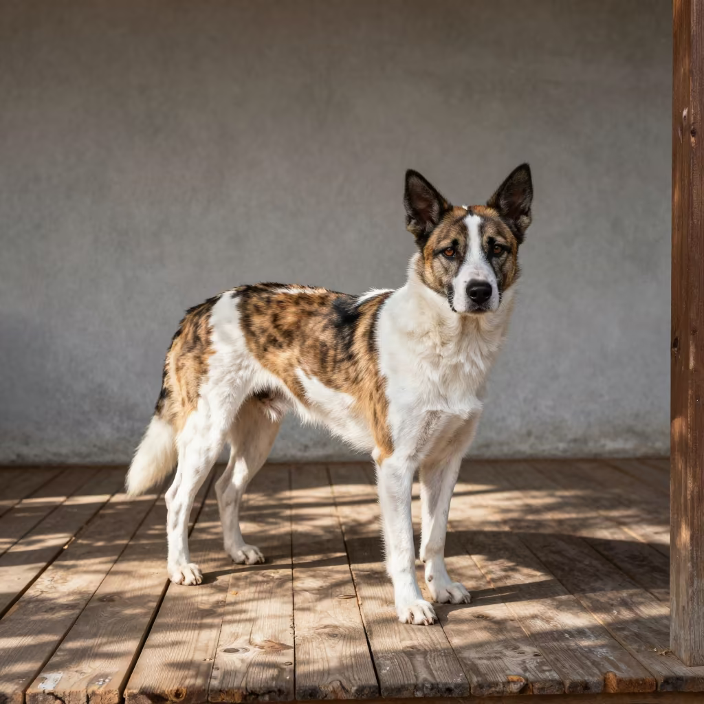 Danish-Swedish Farmdog on Shaded Porch in beside a plain courtyard wall in clear daylight with the animal at eye level near Ciudad del Este