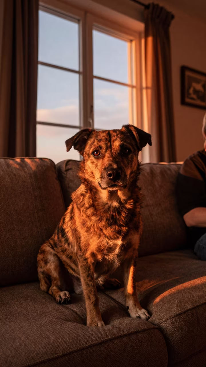 Danish-Swedish Farmdog Portrait in Amber Dusk Light in on a sofa near a curtained window with calm indoor light in Ciudad Ojeda