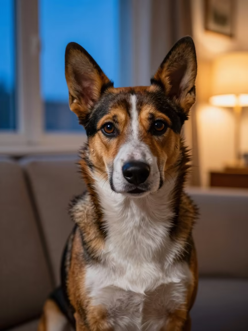 Danish-Swedish Farmdog Portrait in Neon Glow in on a sofa near a curtained window with calm indoor light near Dunedin