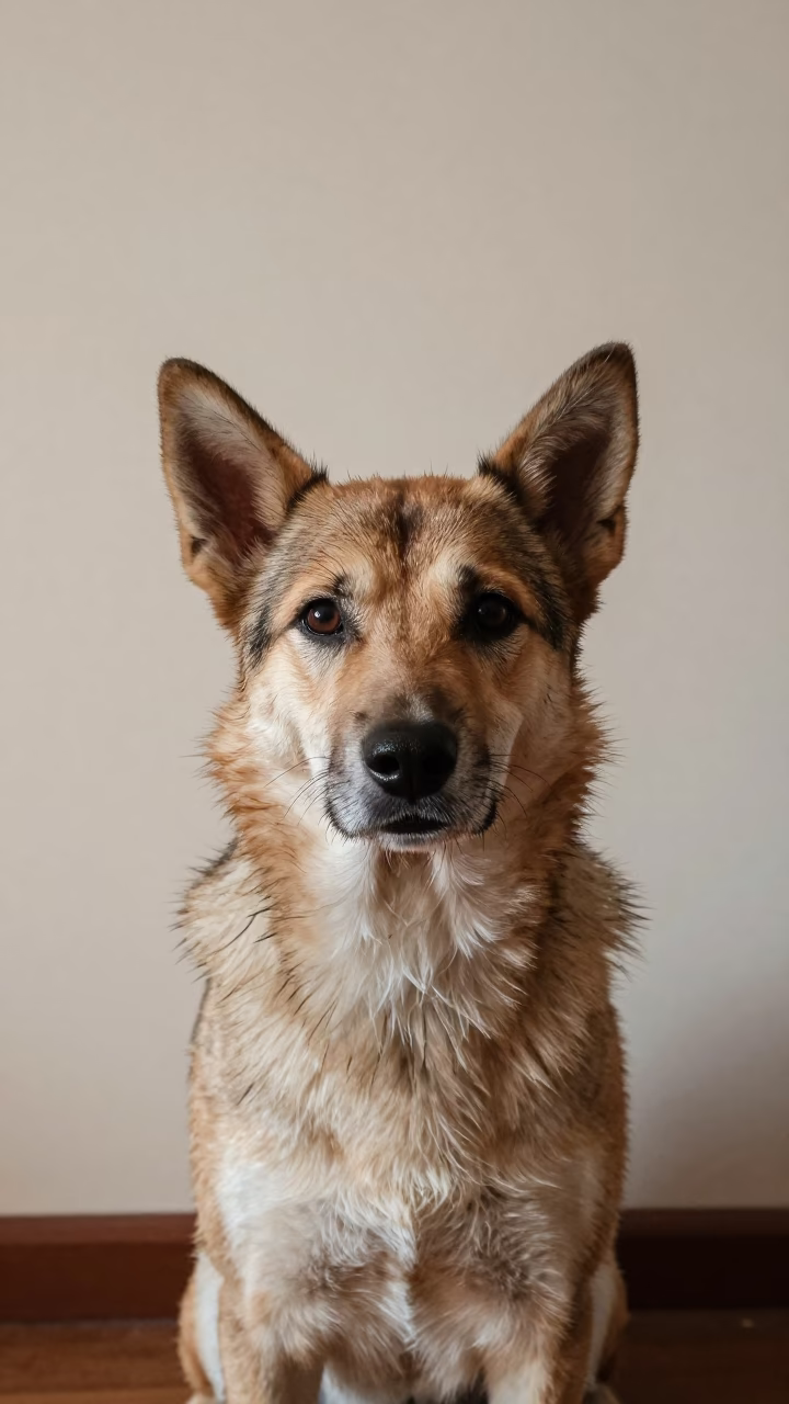 Danish-Swedish Farmdog Portrait in Soft Indoor Light in beside a plain plaster wall in soft indoor light with the animal centered in frame near Ibagué