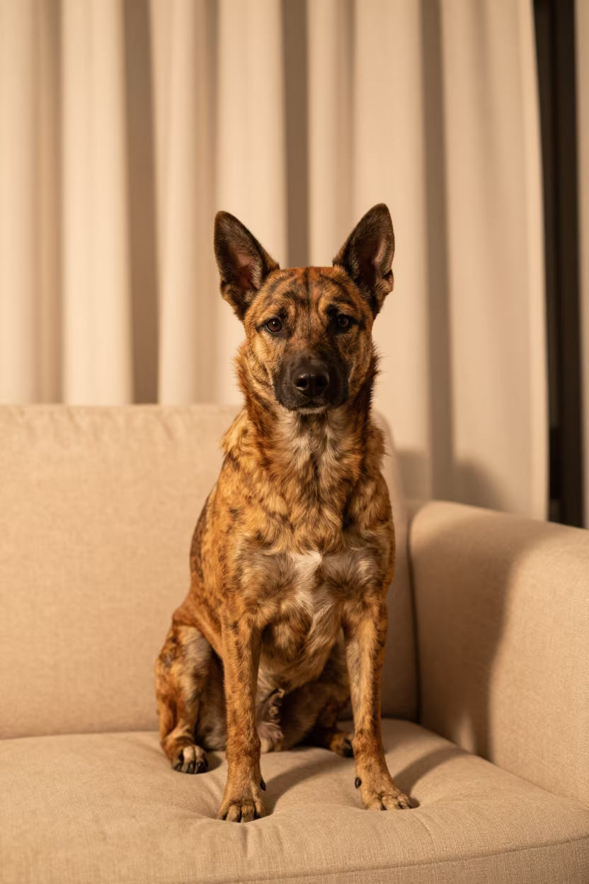 Danish-Swedish Farmdog Portrait on Sofa in on a sofa near a curtained window with calm indoor light in Dhaka