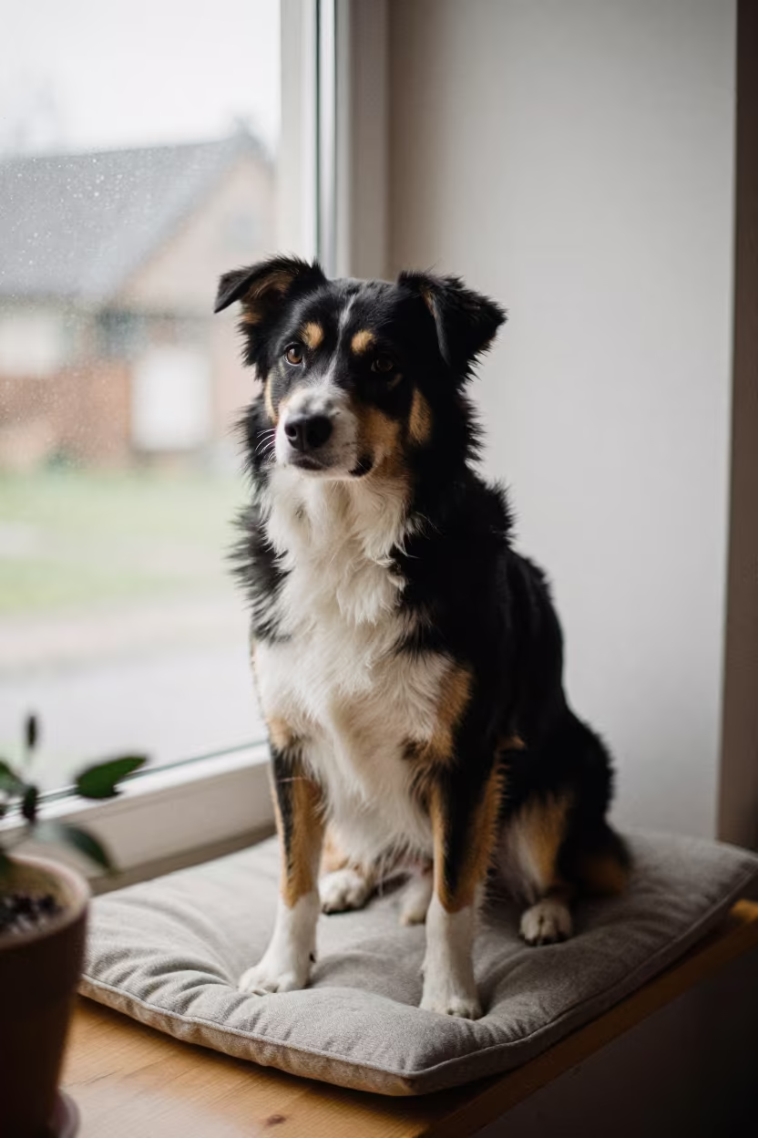 Danish-Swedish Farmdog Portrait Toluca Window Seat in on a cushioned window seat with soft side light and an uncluttered background in Toluca de Lerdo