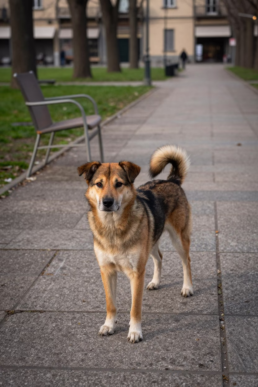 Danish-Swedish Farmdog Portrait Turin Park in along a quiet park path with soft open shade and a clean background in Turin