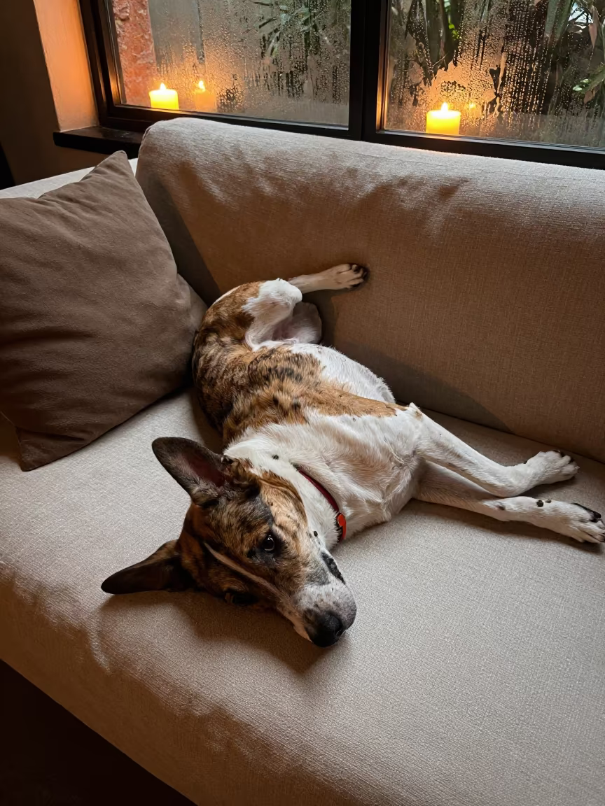 Danish-Swedish Farmdog Resting on Linen Sofa in on a linen sofa with daylight from a nearby window in Condesa, Mexico City