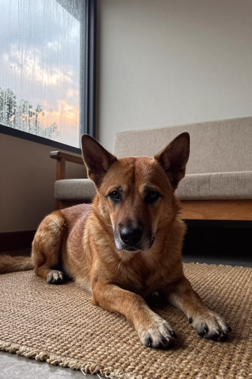 Danish-Swedish Farmdog Resting on Rug in on a woven rug beside a low couch and an uncluttered wall in Can Tho