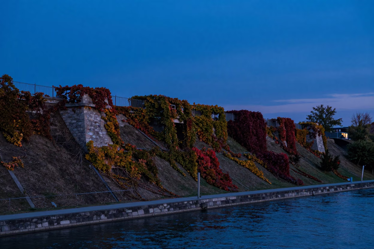 Danube Canal in Vienna at Indigo Twilight After Sunset in in Vienna, Austria