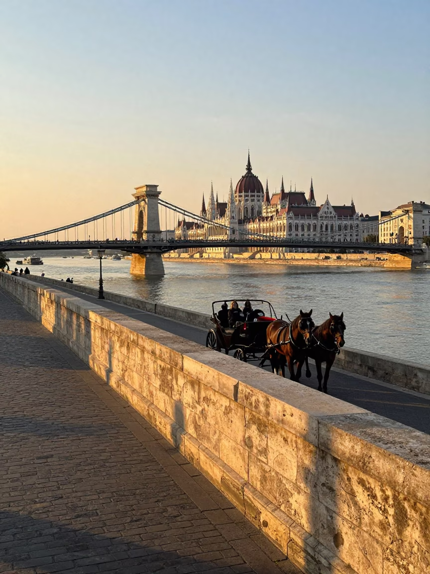 Danube Embankment in Budapest at Sunset Light in in Budapest, Hungary