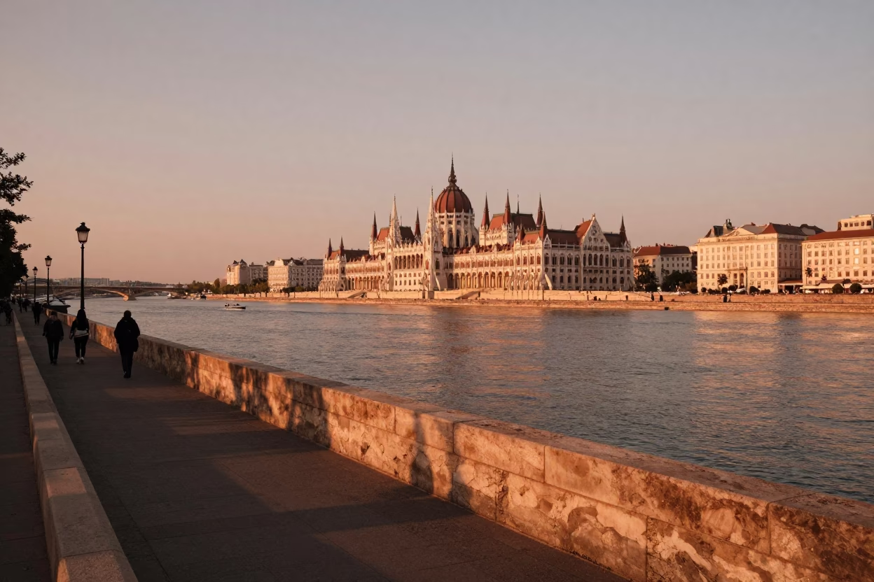 Danube Promenade in Budapest at Copper-toned Light Before Dusk in in Budapest, Hungary