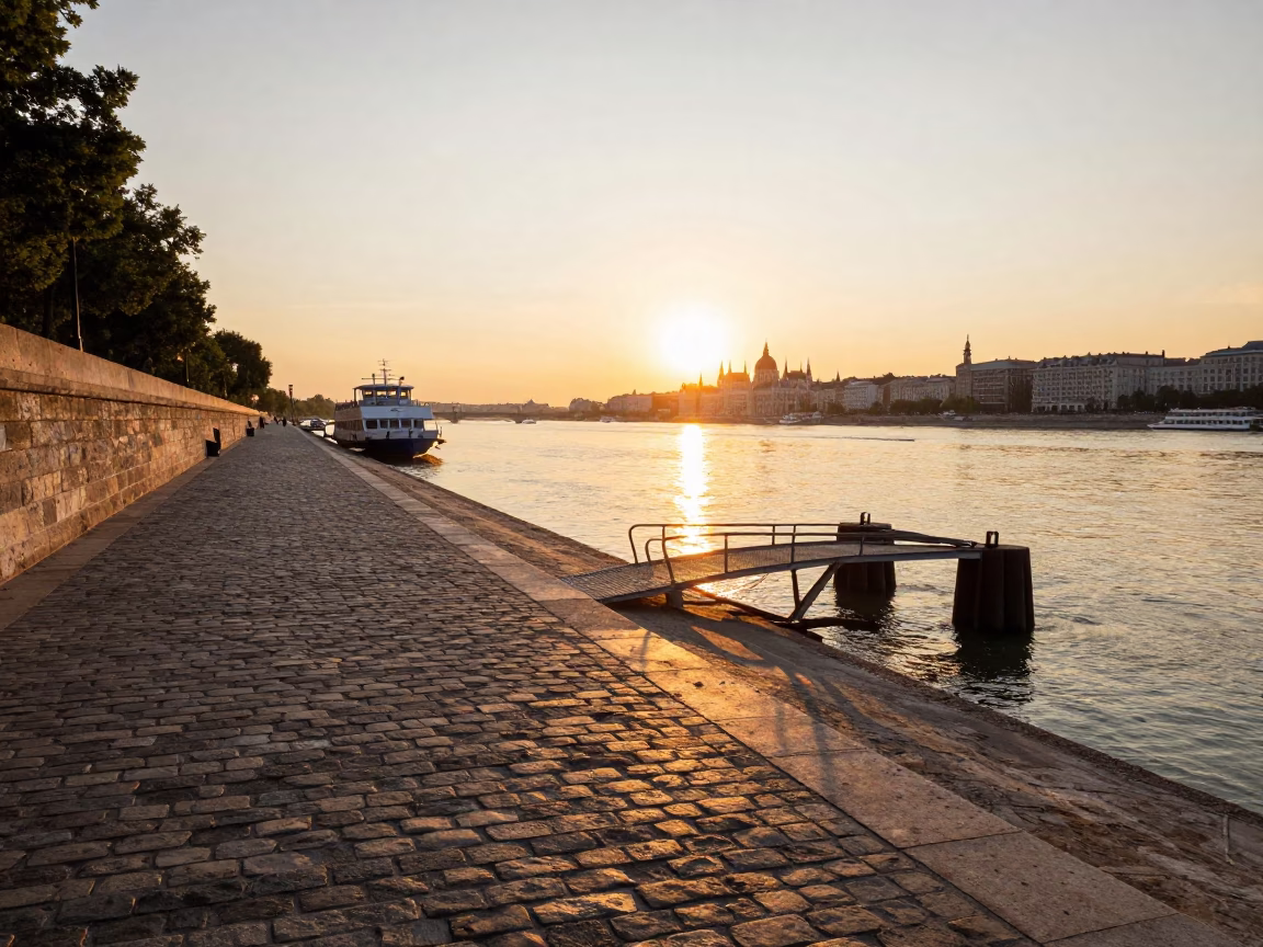 Danube Quay in Budapest at Sunset Light in in Budapest, Hungary