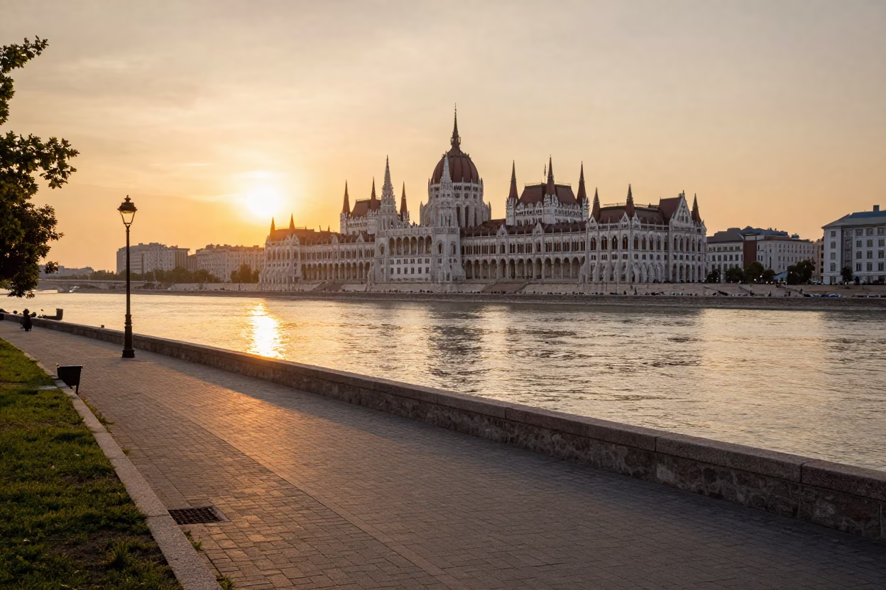 Danube River And Parliament Building From Riverside Park in Budapest in in Budapest, Hungary