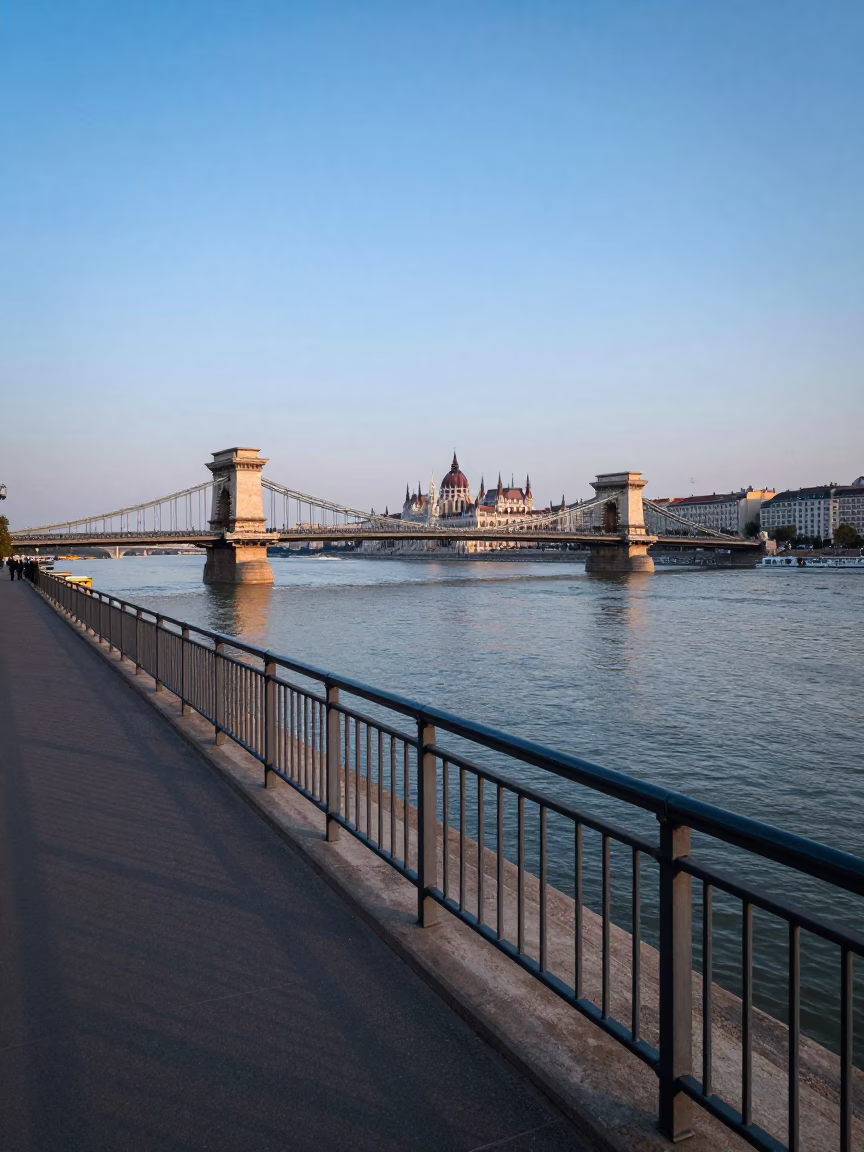 Danube Riverbank in Budapest at The Early Evening Light in in Budapest, Hungary