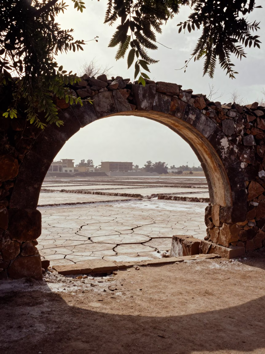 Dappled Light on Cracked Salt Pans Under Stone Arch in beneath a broken stone arch in Namibia