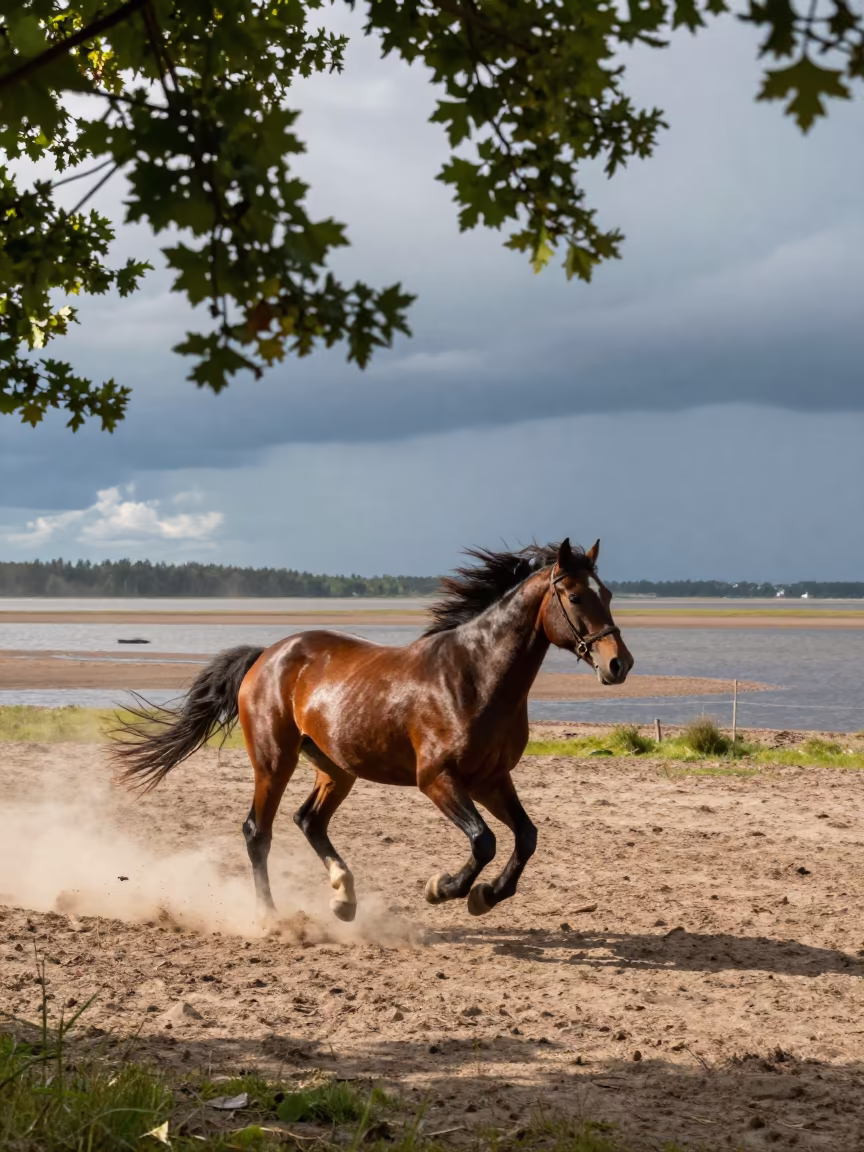 Dappled Light Galloping Horse in Estonian Inlet in beside a tidal inlet in Estonia