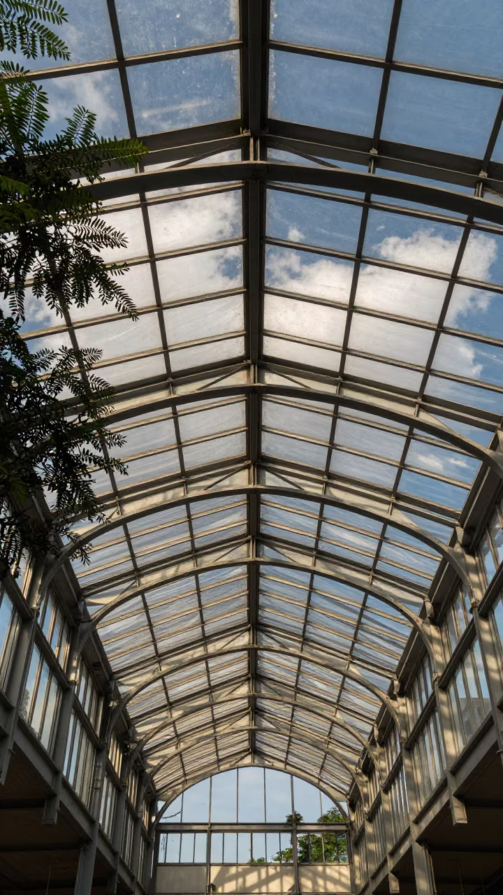 Dappled Steel and Glass Atrium Ceiling in Tamale in inside a vaulted atrium in Tamale