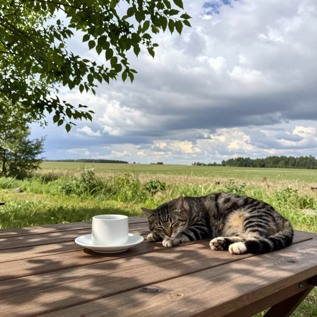 Dappled Sunlight on Ceramic Tea Light and Sleeping Cat in in Saskatchewan