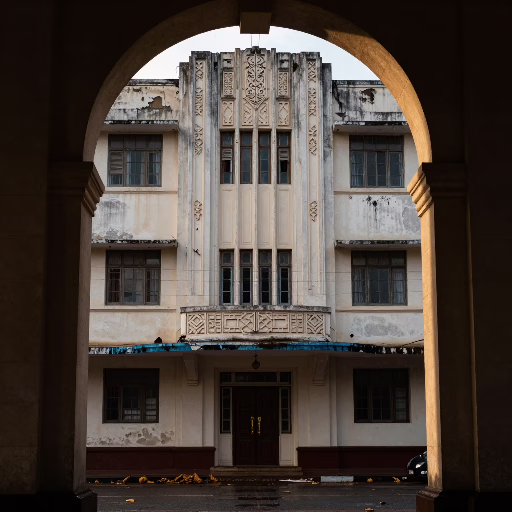 Dar es Salaam Art Deco Hotel Facade at Dawn in along a street-facing hotel facade in Dar es Salaam