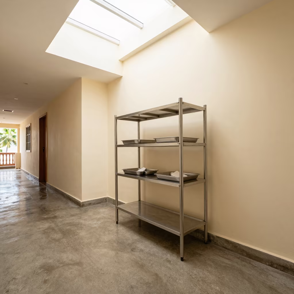 Dar es Salaam Corridor Tray Shelf Midmorning Light in in a quiet guest corridor in Dar es Salaam