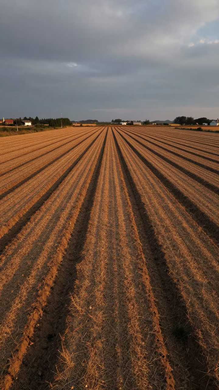 Dark Furrows in Guizhou Sunset Field in across a harvested grain field in Guizhou