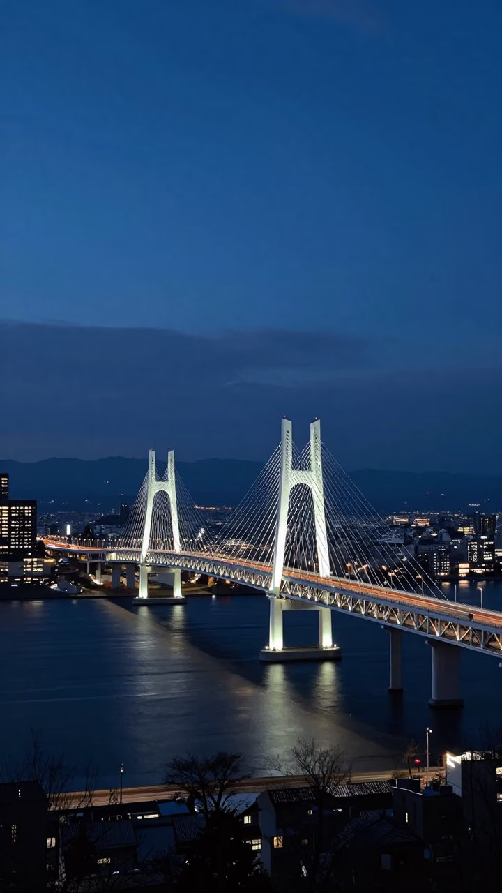 Dark Harbor Cable-Stayed Bridge Illuminated Against Pre-Dawn Sapporo Skyline in in Sapporo, Japan