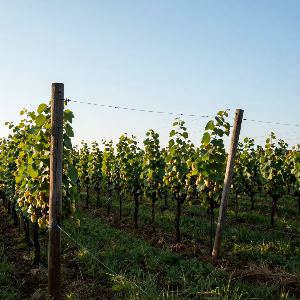 Dark Hop Twine Silhouette Against Clear Sky in between vineyard trellises near Riga