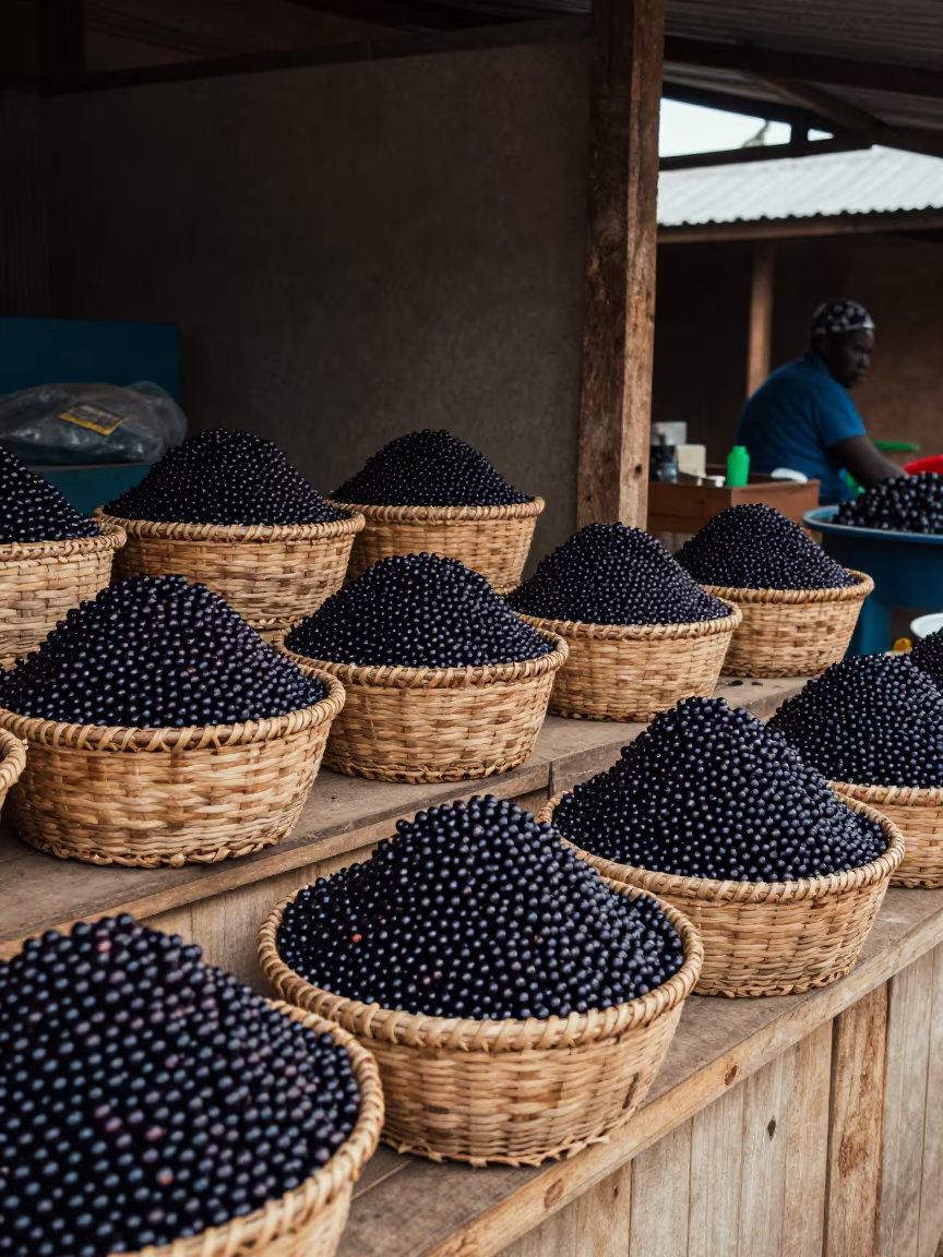 Dark Purple Açaí Berries on Market Stall Counter in at a market stall counter in Dar es Salaam