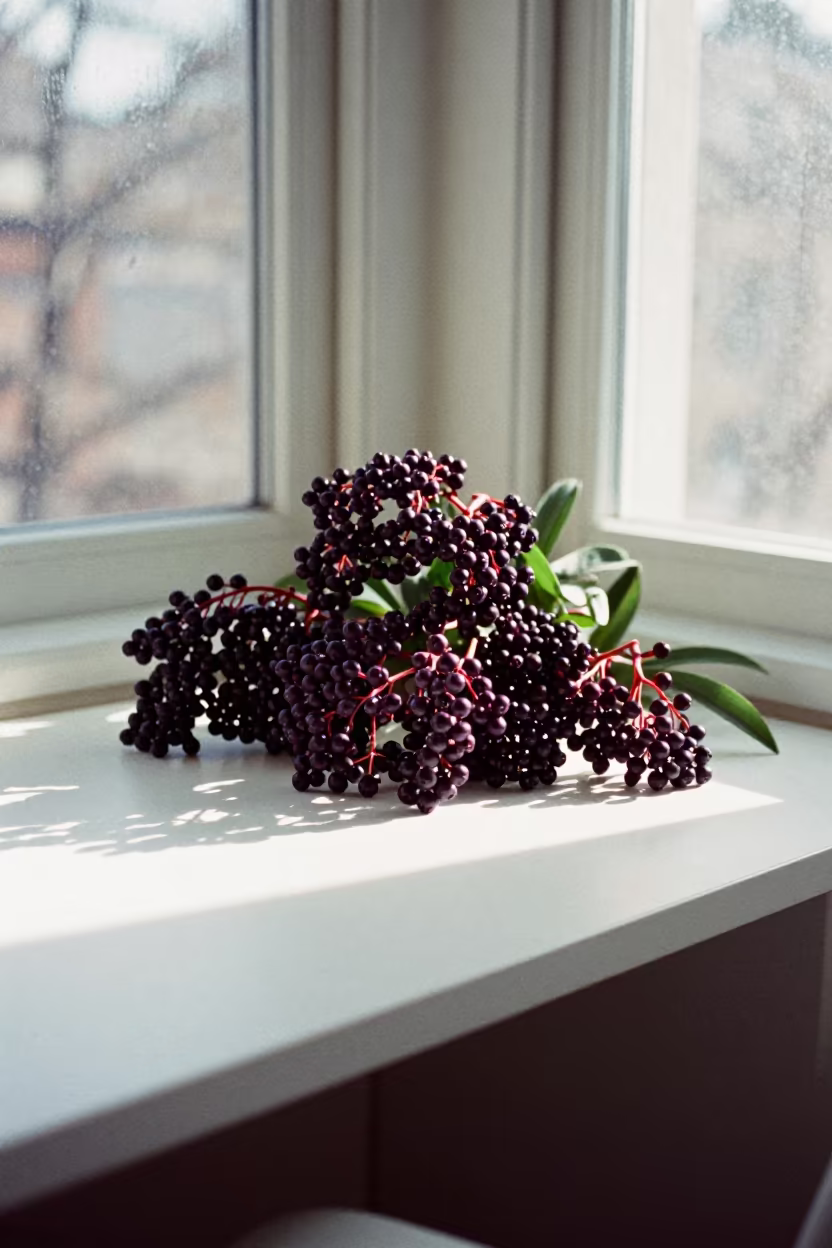 Dark Purple Elderberries on Winter Desk in on a writing desk in Dumbo, New York