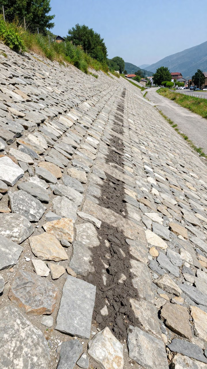 Dark Silt Lines on Andorra Levee Riprap Face in along a levee path above floodwater in Andorra