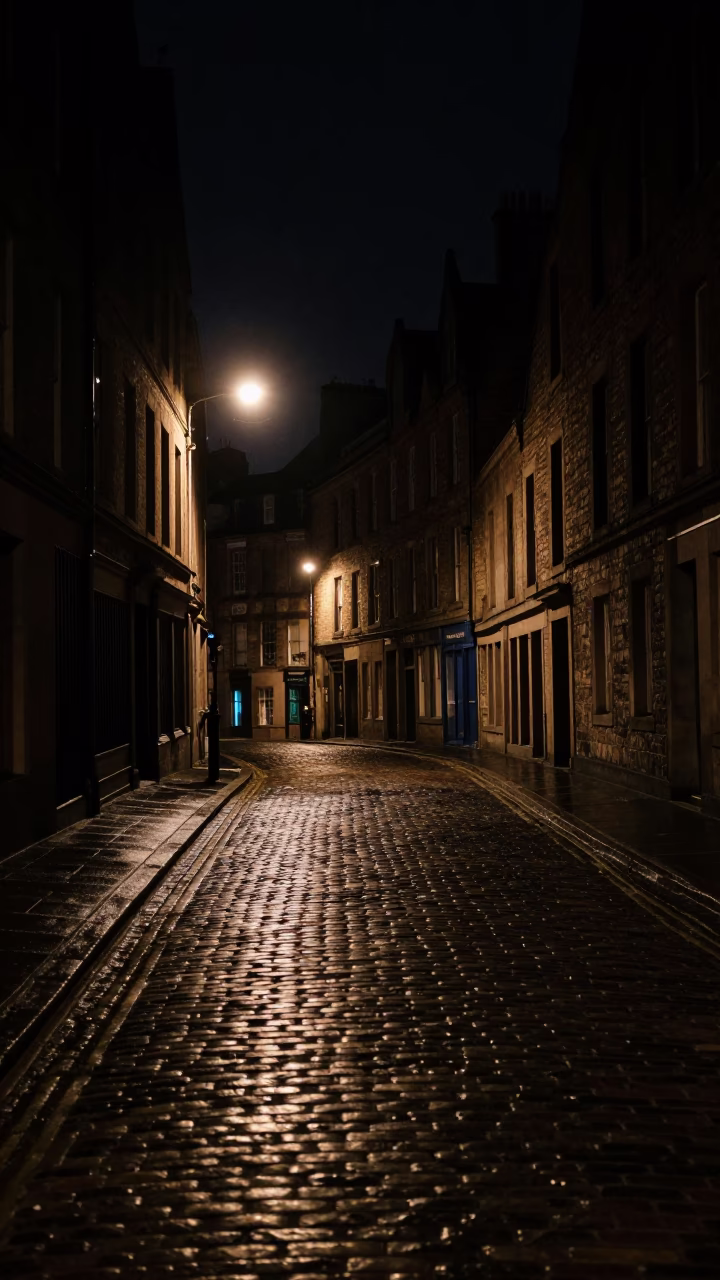 Dark Street in Edinburgh at Deep In The Night Light in in Edinburgh, United Kingdom