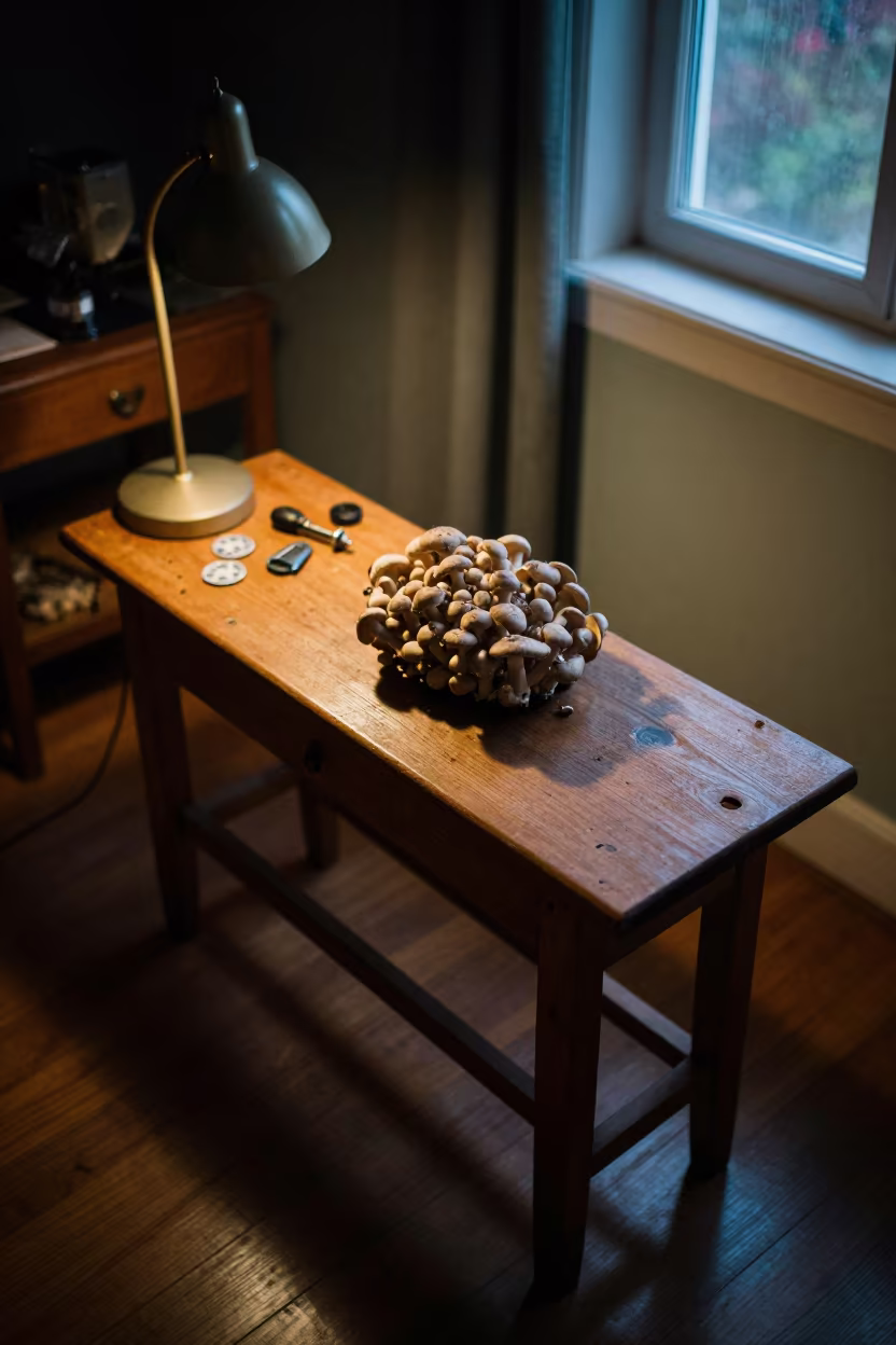 Darning Mushroom on Dressmaker Bench at Twilight in on a hotel dresser near Uyo
