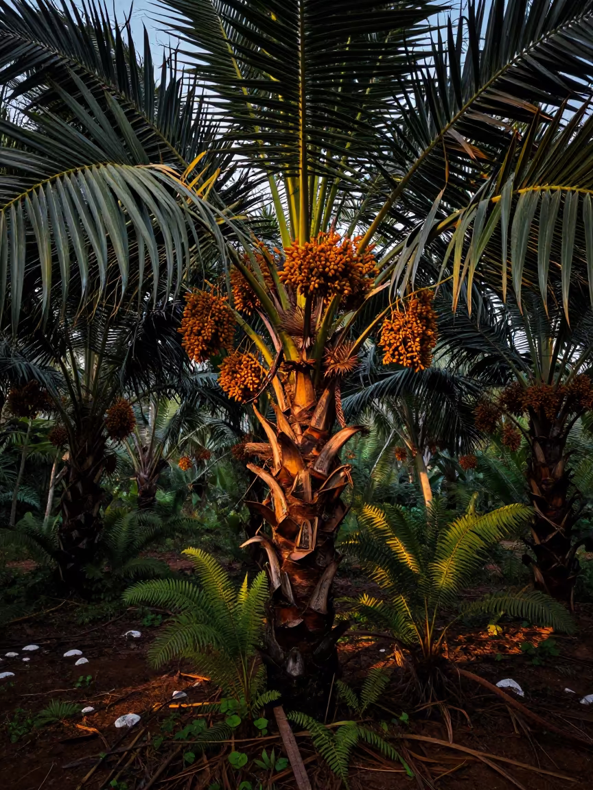 Date Palm Amber Clusters in Tamil Nadu Dawn in on a fern-lined forest floor in Tamil Nadu