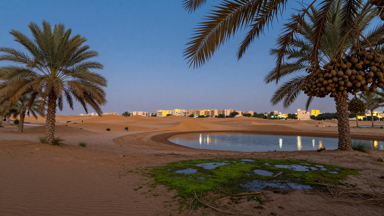 Date Palm Oasis Spring Near Riyadh at Dusk in near Riyadh