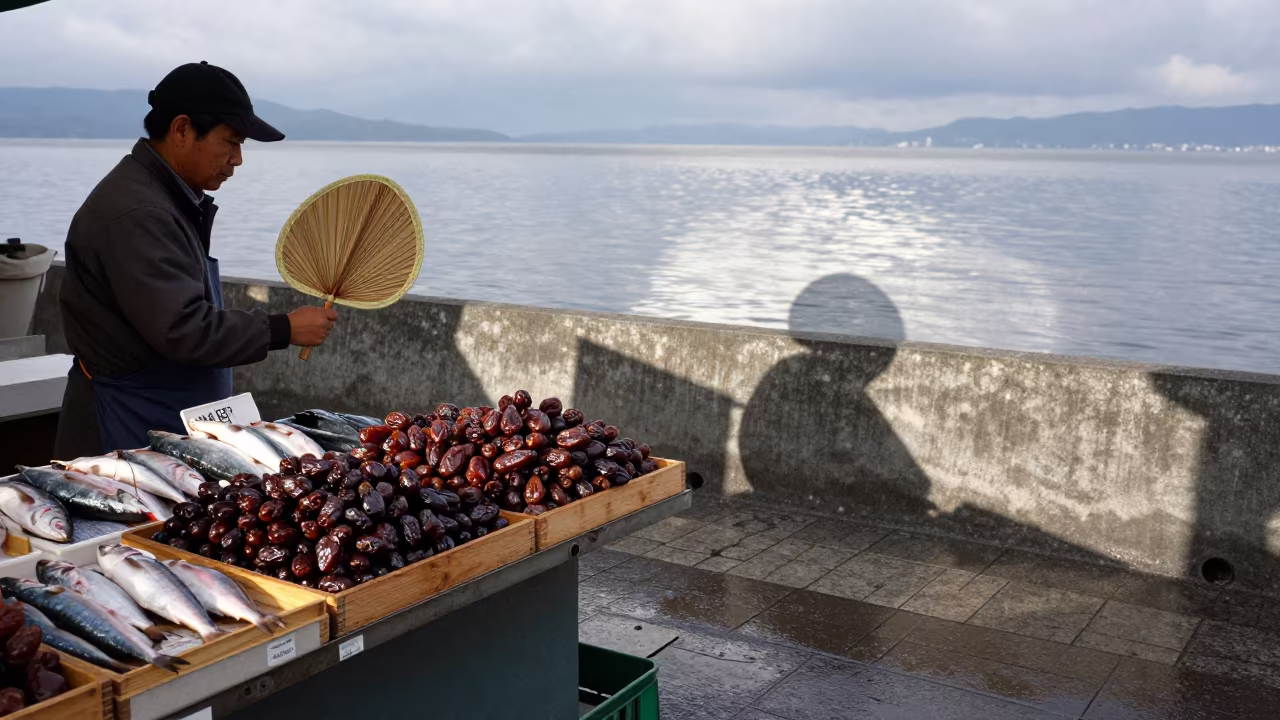 Dates Vendor Fanning Flies in Okayama Market in beside a fish counter in Okayama