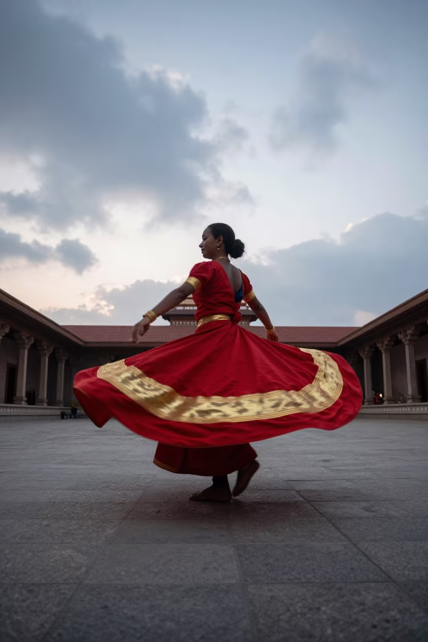 Daura Folk Dance Skirt Motion in Dawn Light in in a temple courtyard in Daura
