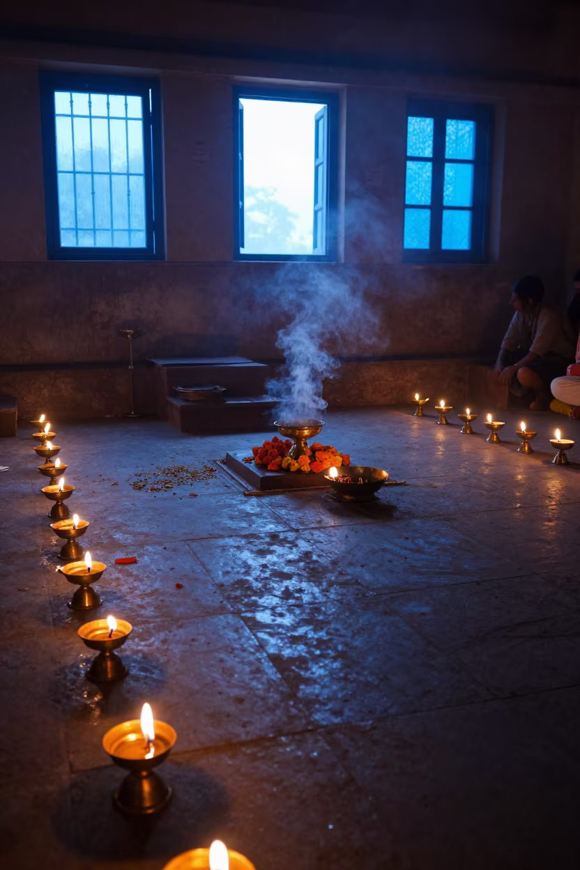 Dawn Aarti Ceremony at Kolkata Stone Ghat in at the foot of a stone altar in Kolkata