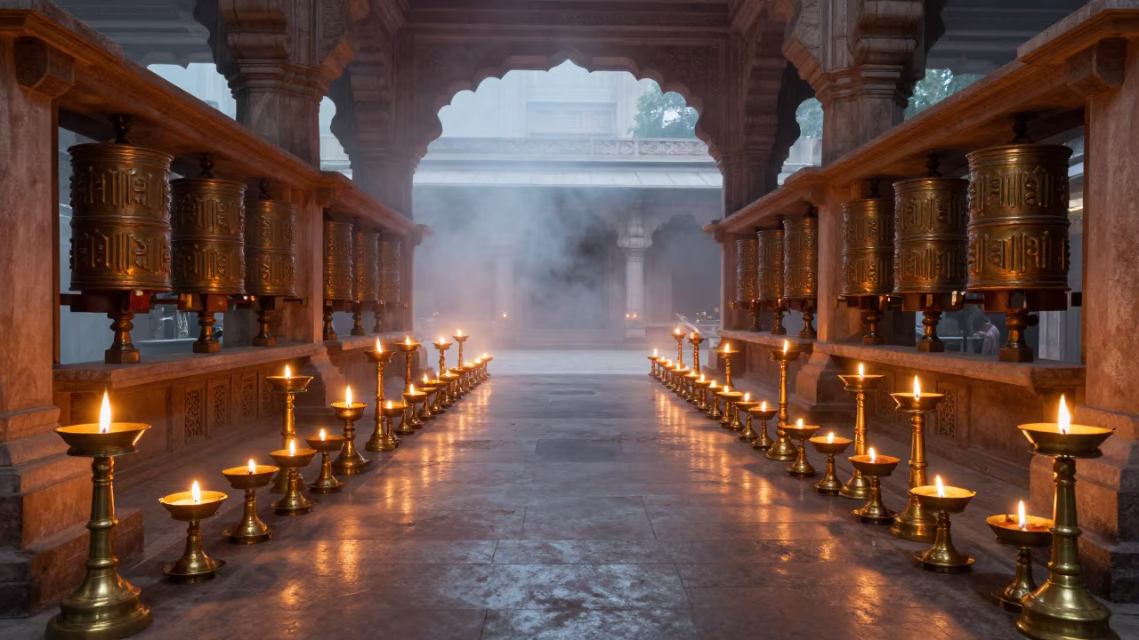 Dawn Aarti Ceremony With Oil Lamps And Incense in beside a prayer wheel corridor in Delhi