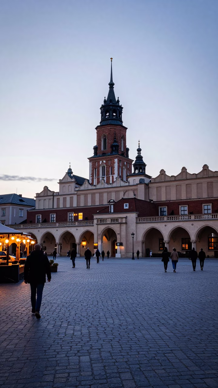 Dawn Activity at Krakow Old Town Market Square with Vintage Tram and Pedestrians in in Krakow, Poland