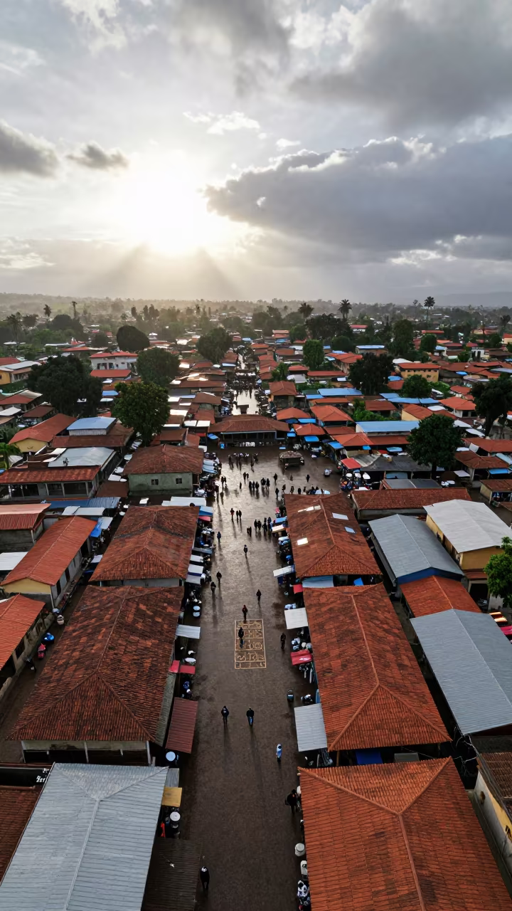 Dawn Aerial View Ethiopian Market Square Rooftops in high above patterned rooftops in Ethiopia