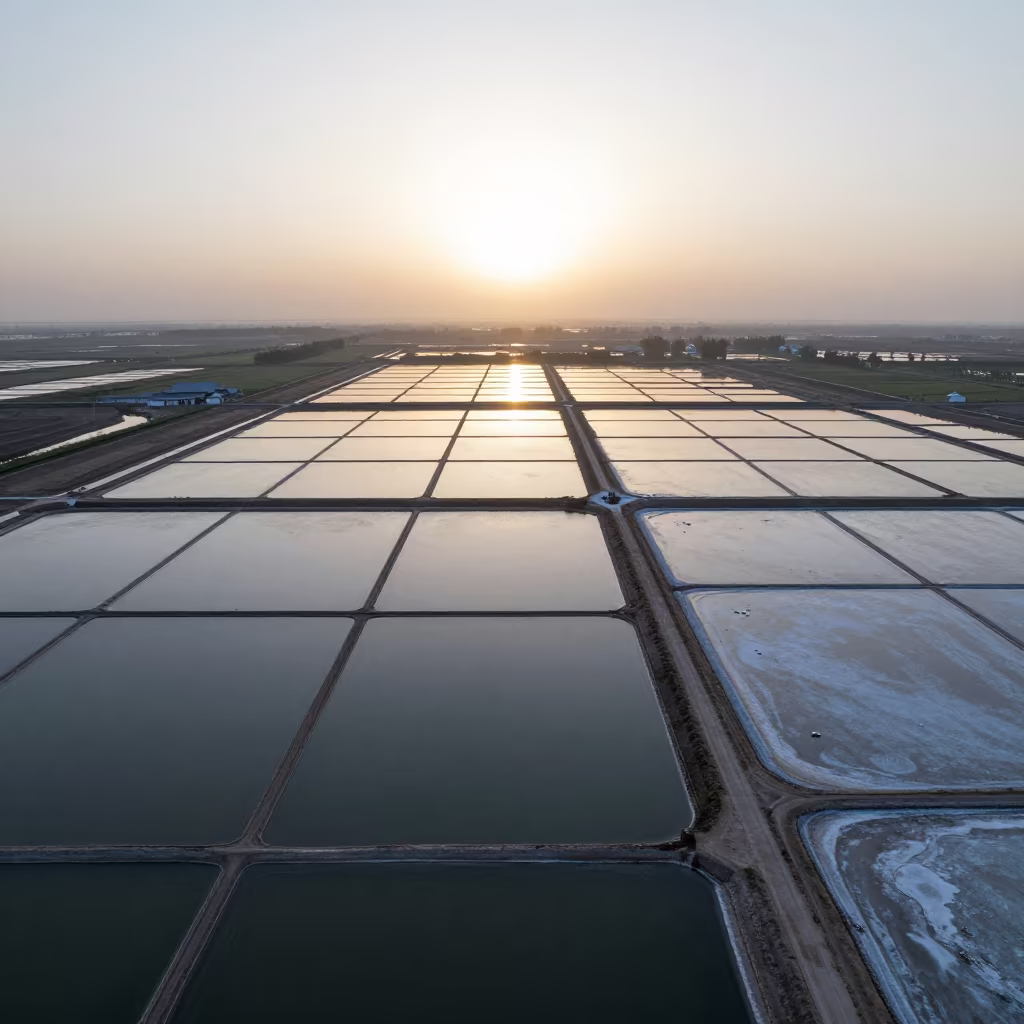 Dawn Aerial View of Shaanxi Salt Ponds and Causeways in high over salt ponds and causeways in Shaanxi