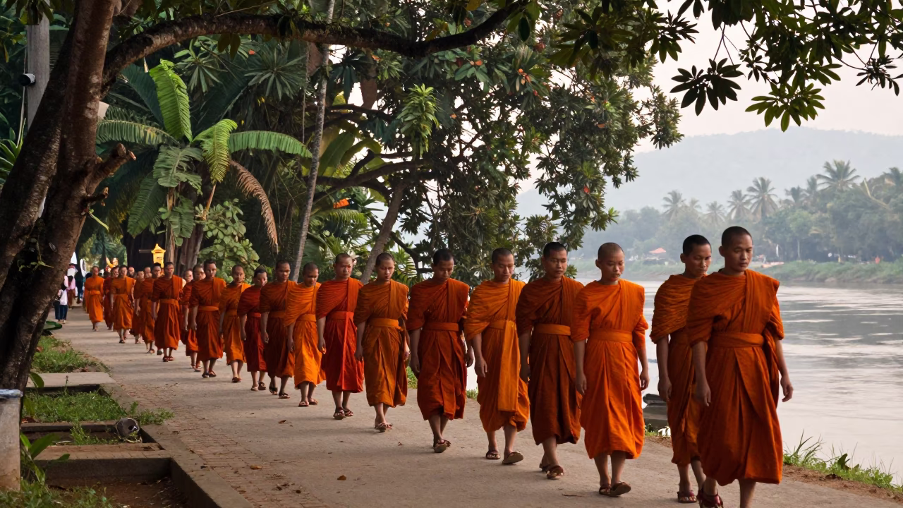 Dawn Alms Giving in Luang Prabang Laos with Monks and Local Devotion in in Luang Prabang, Laos