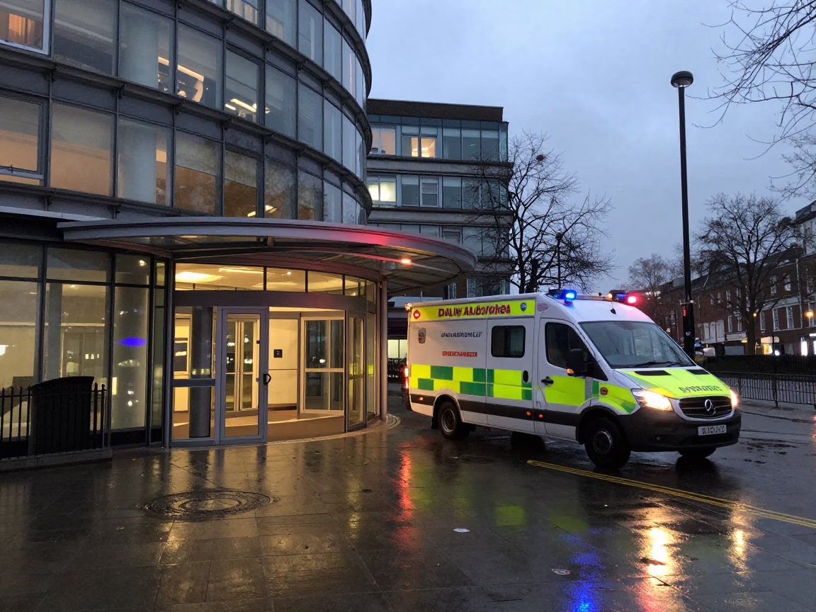 Dawn Ambulance Arrival at London Hospital Emergency Entrance in in London, United Kingdom