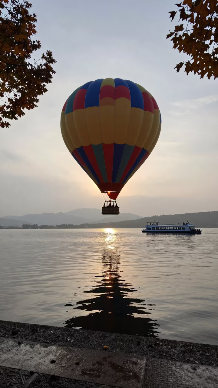 Dawn Balloon Reflection Over Zhejiang Ferry Lake in across a remote ferry crossing in Zhejiang