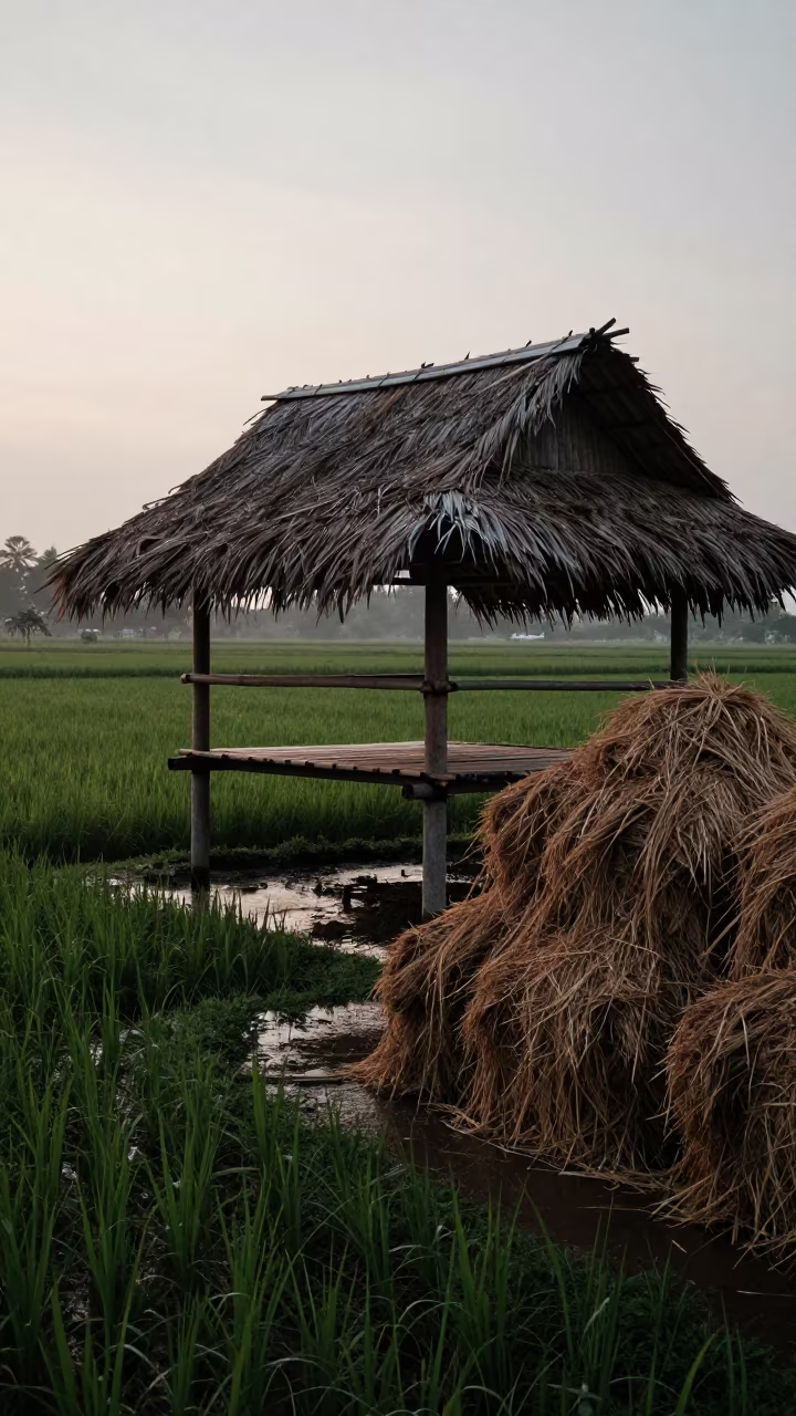 Dawn Bamboo Pavilion Over Rice Paddy in beside stacked hay bales in Kuala Lumpur