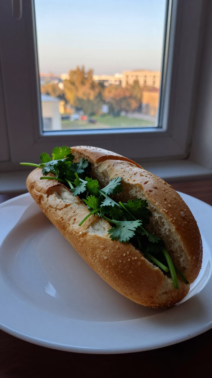 Dawn Banh Mi Sandwich with Cilantro on Ceramic in on a ceramic plate by a window in Dushanbe