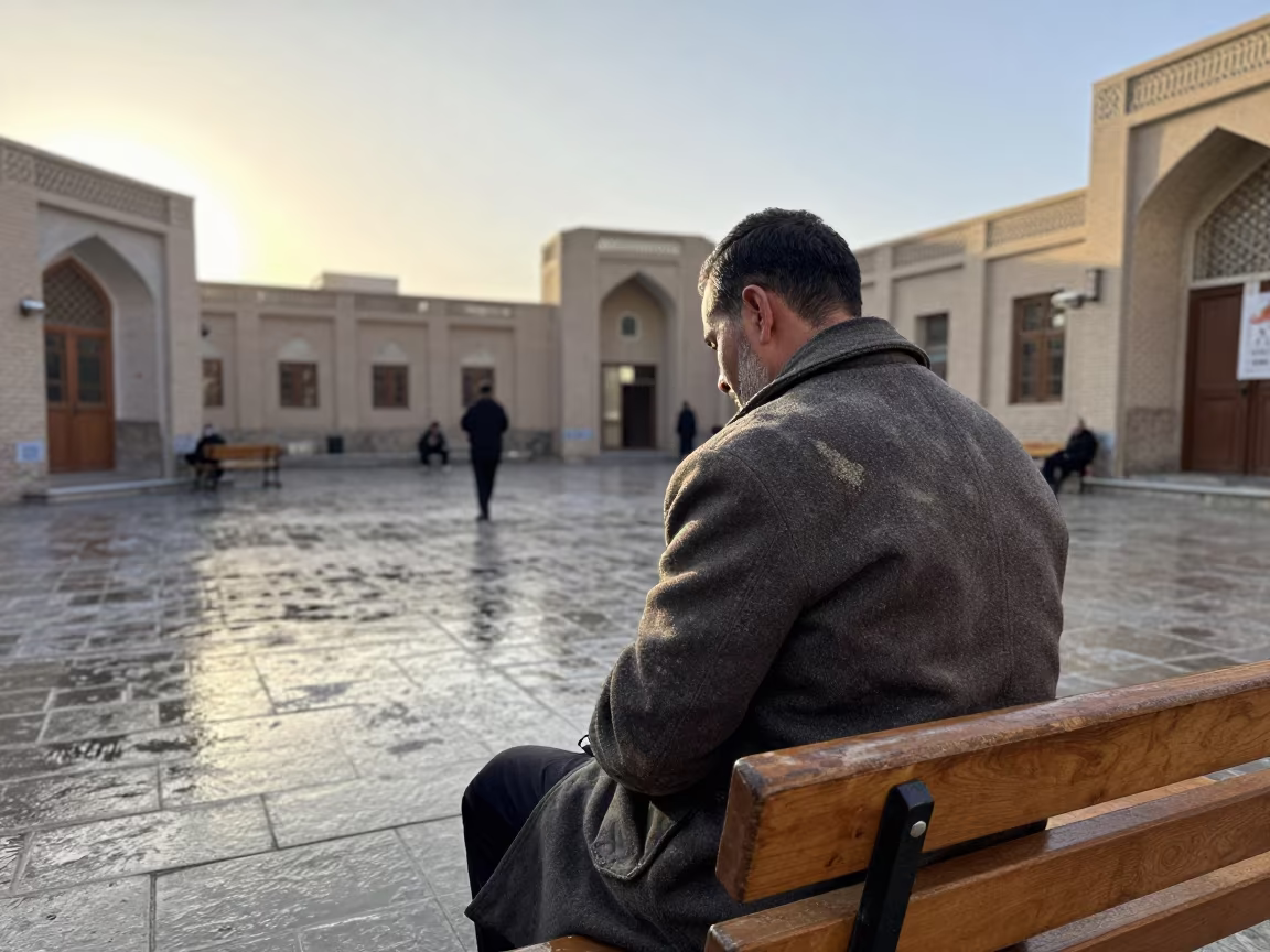 Dawn Barber in Ahvaz Courtyard with Winter Dust in in Ahvaz