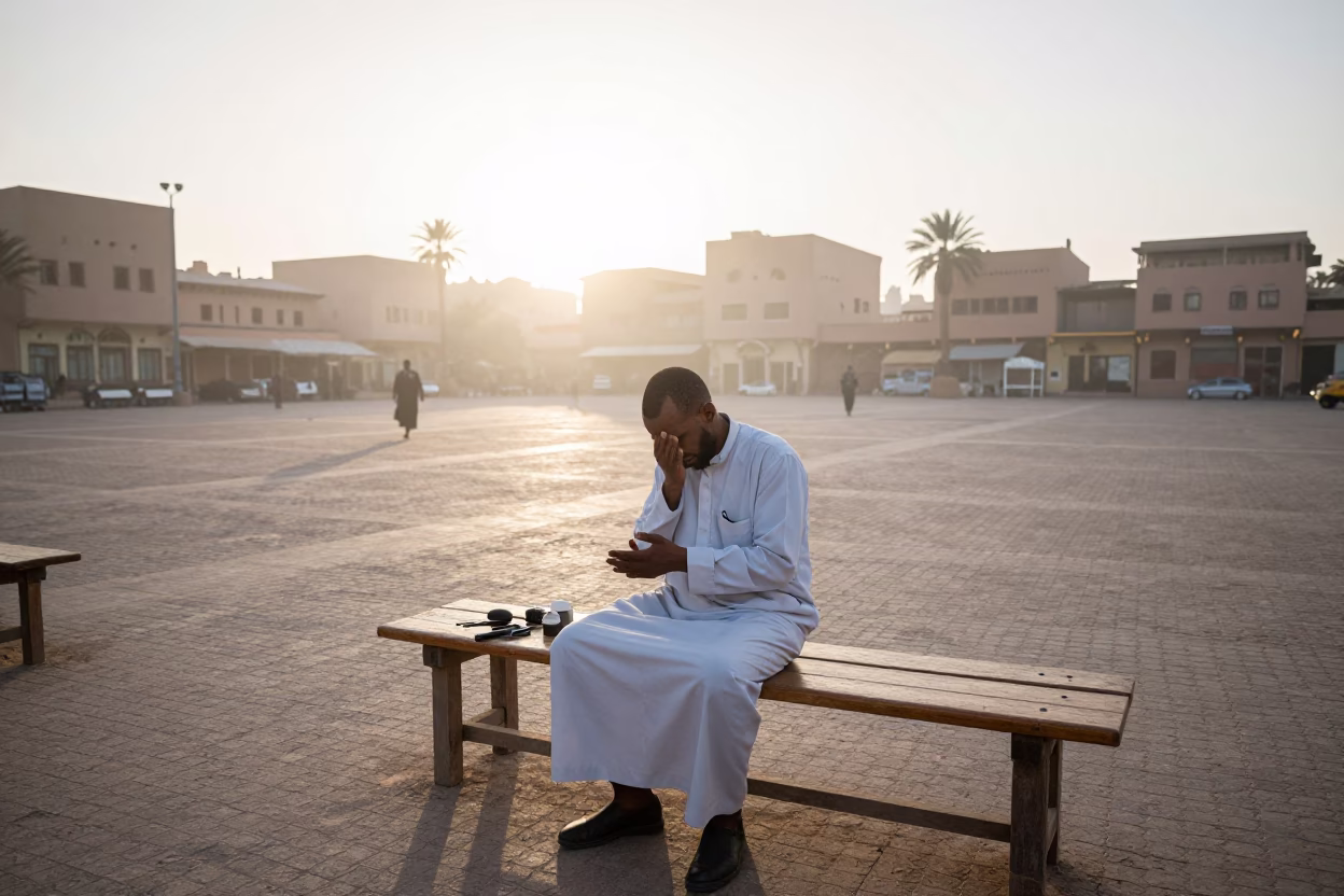 Dawn Barber Resting in Taourirt Courtyard in at a public square in Taourirt