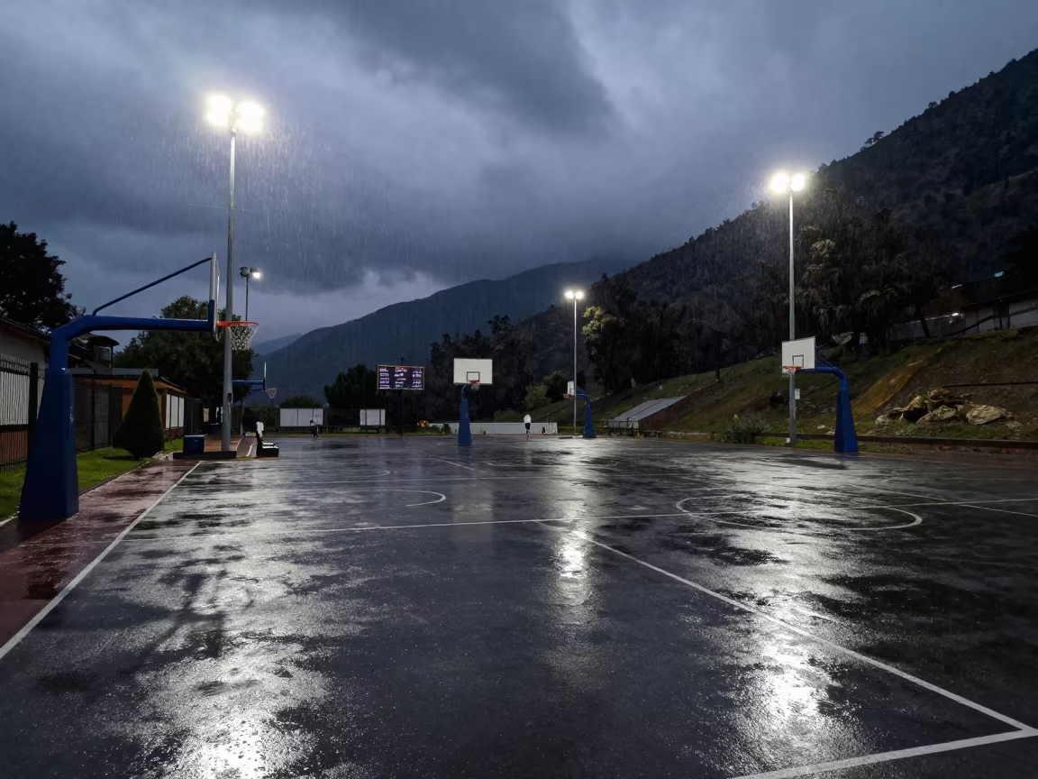 Dawn Basketball Court Sweat Reflected Monsoon Mexico City in on a mountain path near Mexico City