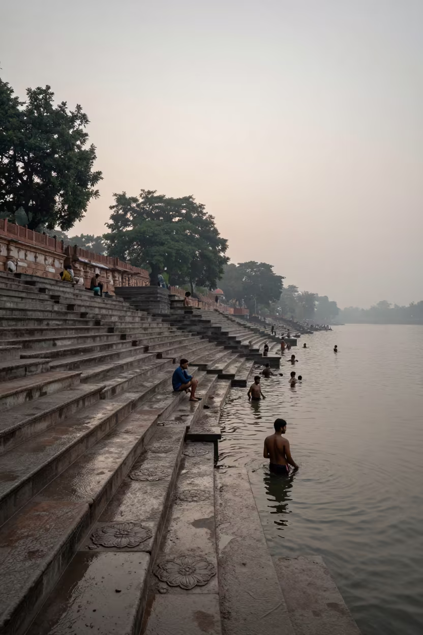Dawn Bathers on Carved Stone Ghats in in a cloister garden near Mehrauli, Delhi